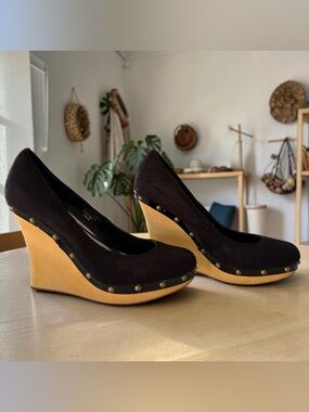 Women's Black Suede Studded Wedge Heels